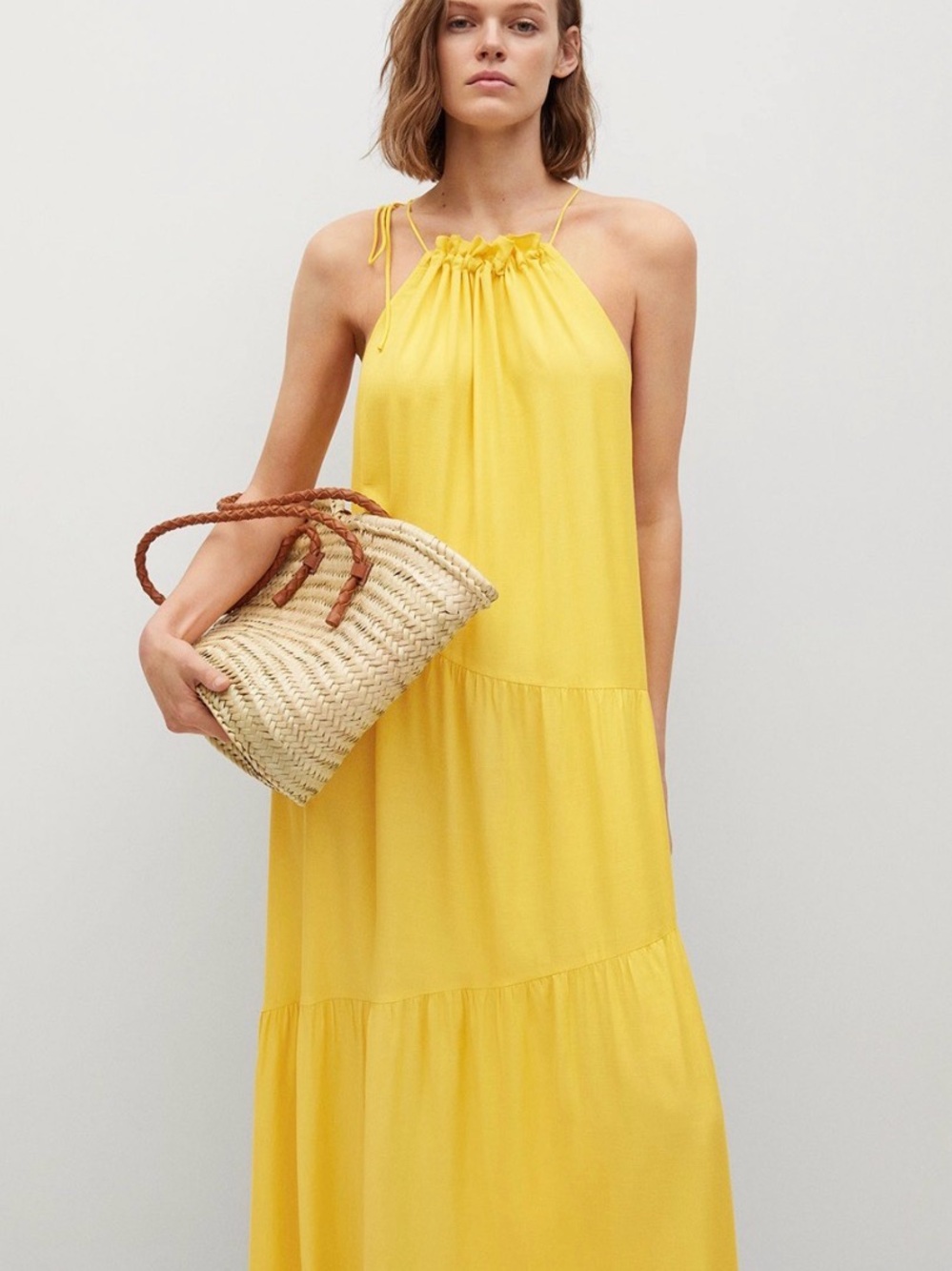 Yellow Halter Maxi Dress - Sleeveless Summer Tiered Dress